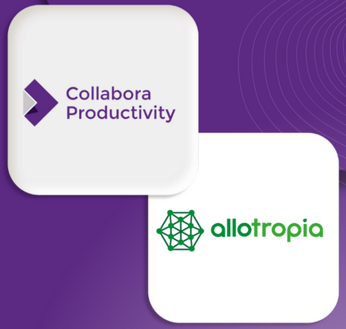 Logos of Collabora productivity and allotropia in squares with rounded corners merging on a violet background