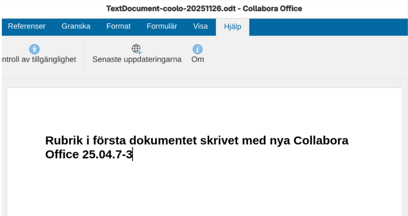 Bild på redigering av textdokument i nya Collabora Office. I fokus rubriken för dokument med texten: "Rubrik i första dokumentet skrivet med nya Collabora Office 25.04.7-3."